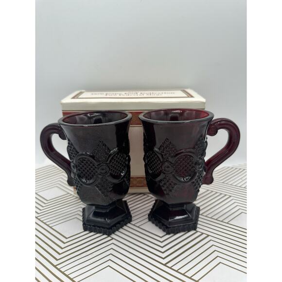 Pair Of Vintage Avon 1876 Cape Code Ruby Red 2 5"T Footed Mugs - Picture 1 of 3